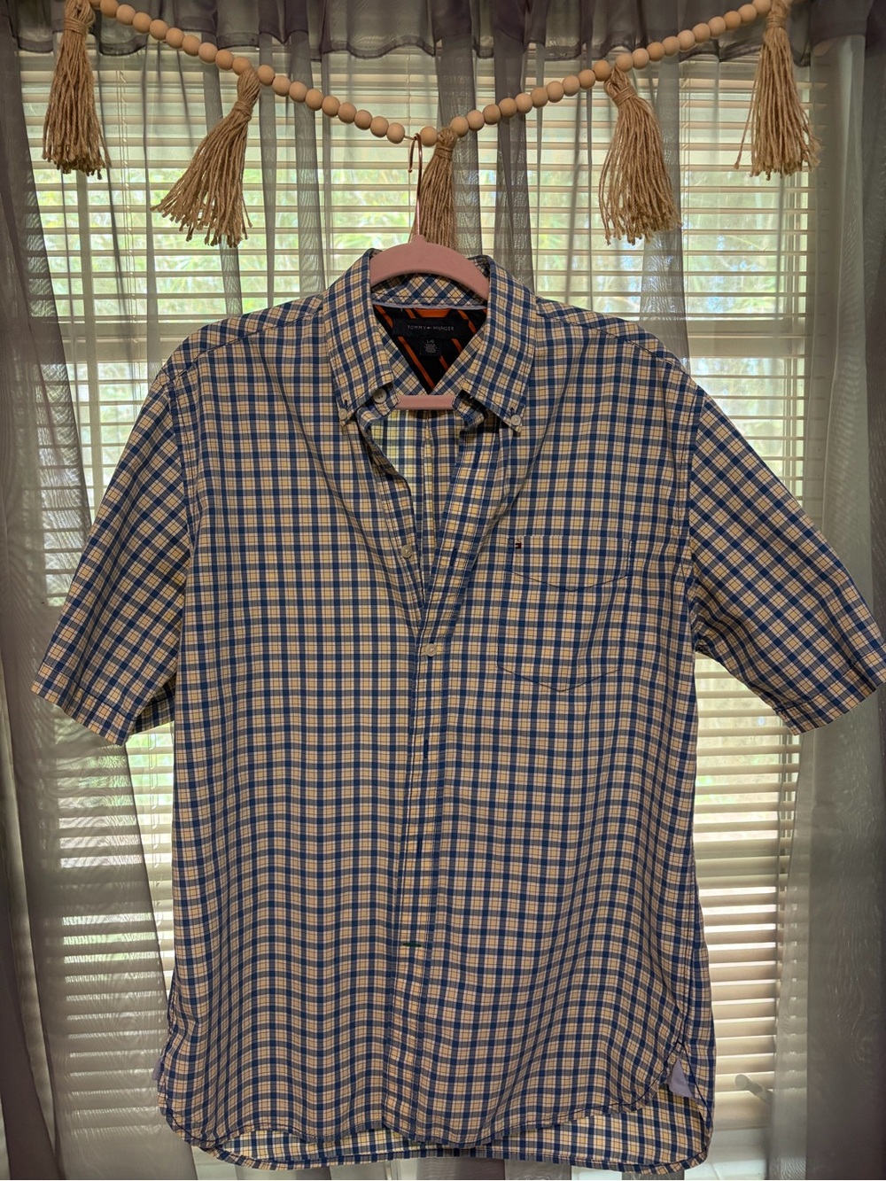 Tommy Hilfiger Blue and White Short-Sleeve Plaid Button-Down Shirt